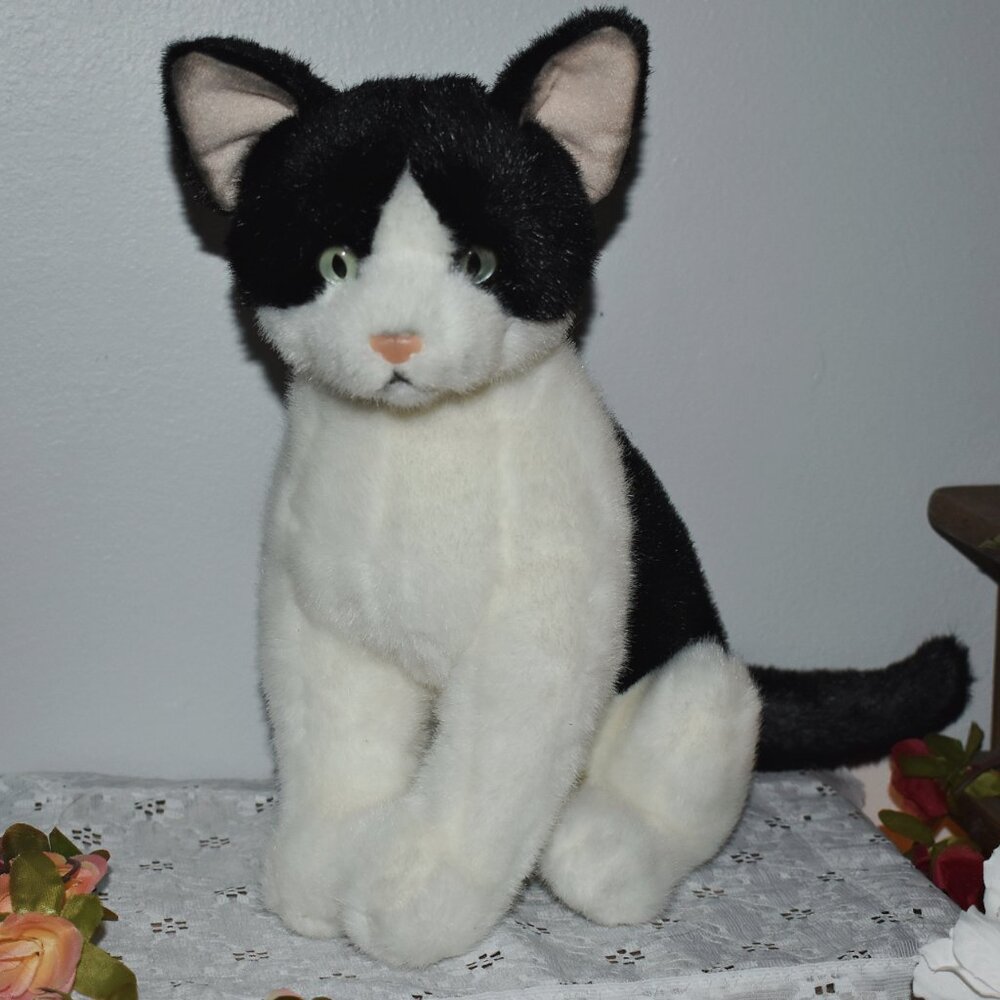 Vintage 90s AA Plush Inc Realistic Sitting Black White Tuxedo Cat Stuffed Animal